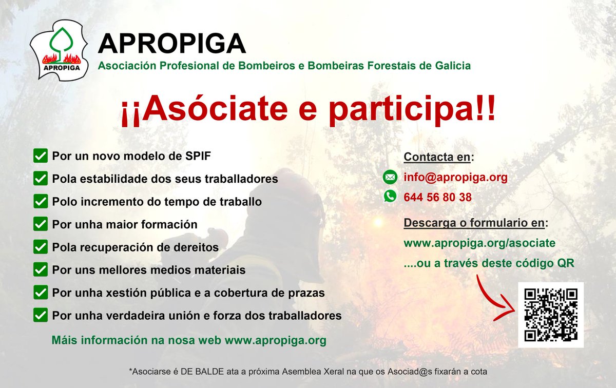apropiga's tweet image. ¡ASÓCIATE E PARTICIPA!
A capacidade de acción e influencia de APROPIGA depende da participación directa dos traballadores do Servizo de Prevención e Defensa Contra Incendios Forestais de Galicia. Por unha verdadeira unión e forza.
¡Precisamos da túa colaboración! ¡ASÓCIATE!
