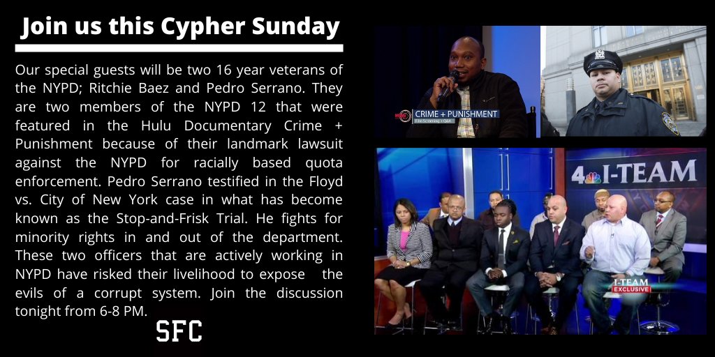 SoulFoodCypher's tweet image. Join our MCs &amp;amp; special guests Pedro Serrano &amp;amp; @BaezRitchie @ 6pm EST. We will be discussing how these officers are fighting against quota systems &amp;amp; more. View the cypher soulfoodcypher.com | Join the conversation at facebook.com/soulfoodcypher | Support @ patreon.com/soulfoodcypher