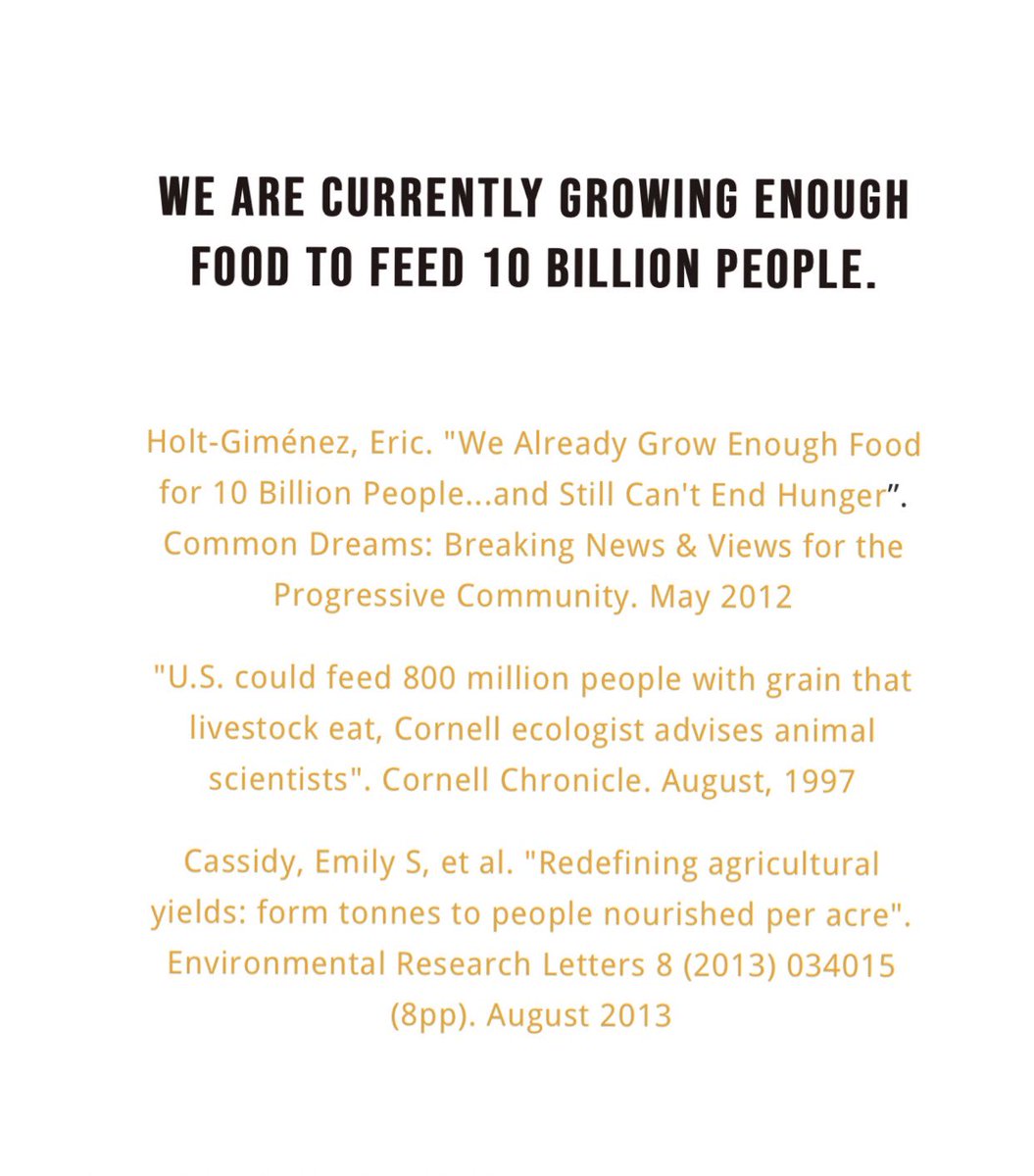 The worlds population is around 8 billion. Close to 1 billion of which are starving. Yet we are growing enough food to feed the 70 billion farm animals that we kill and consume a year.