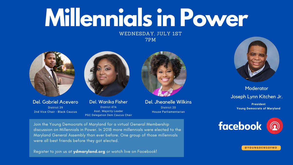 YoungDemsofMD's tweet image. They didn't get elected by accident &amp;amp; since they won, they aren't taking a back seat. Join YDM for a fun conversation on "Millennials in Power" featuring @GabrielAcevero, @WanikaFisher &amp;amp; @JheanelleW. 

Register for the zoom link at ydmaryland.org or 👀 on Facebook.
