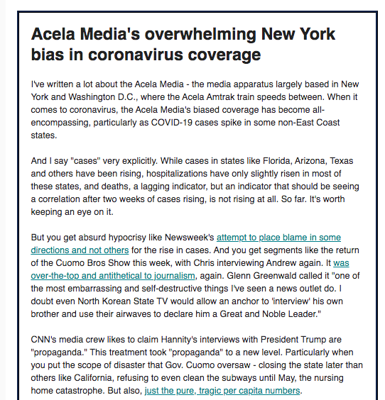 The Acela Media has completely lost perspective in their coverage of COVID-19, and the disinformation is hurting viewers, who desperately need unbiased coronavirus information.The latest, in  @FourthWatch:  https://mailchi.mp/thefirsttv/fourth-watch-jun-28