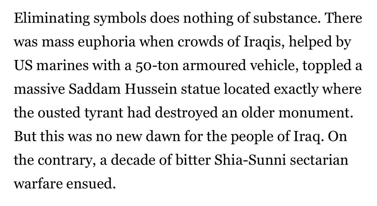 Hoodbhoy also uses the example of toppling of Saddam Hussain’s statue & its aftermath to make the argument that “eliminating symbols” is useless. Well it didn’t change a thing b/c what else did you expect out of a propagandist imperialist invasion by a megalomaniac super-power?