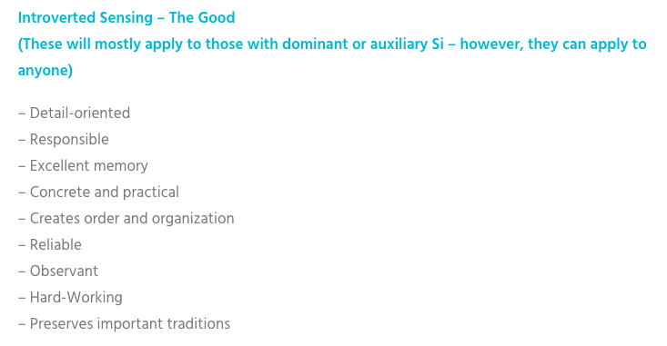 "This cereal tastes good and works for me. Why do I need to switch it up?" "I like this restaurant so I'm eating here every Friday after I do my other routines."Si is routine-oriented, Se is life-oriented.