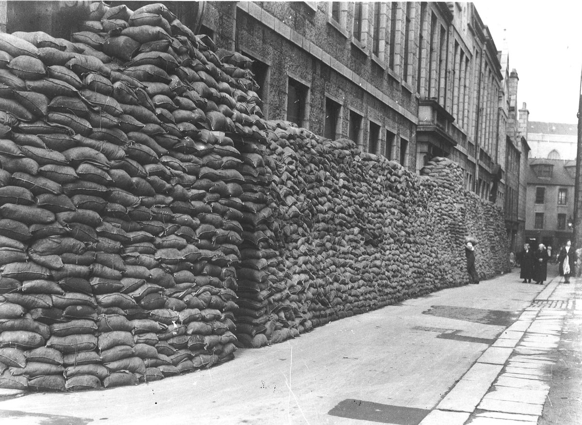 Sandbags protected Police Headquarters at Lodge walk in Aberdeen.