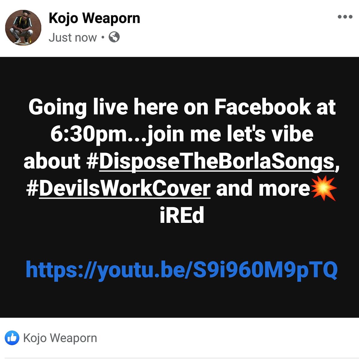 kojoweaporn's tweet photo. Will be going live on Facebook at 6:30pm...join me let's vibe about #DisposeTheBorlaSongs, #DevilsWorkCover and more💥

https://t.co/CBQKftBjlw

iREd https://t.co/2rlFL3IWV4