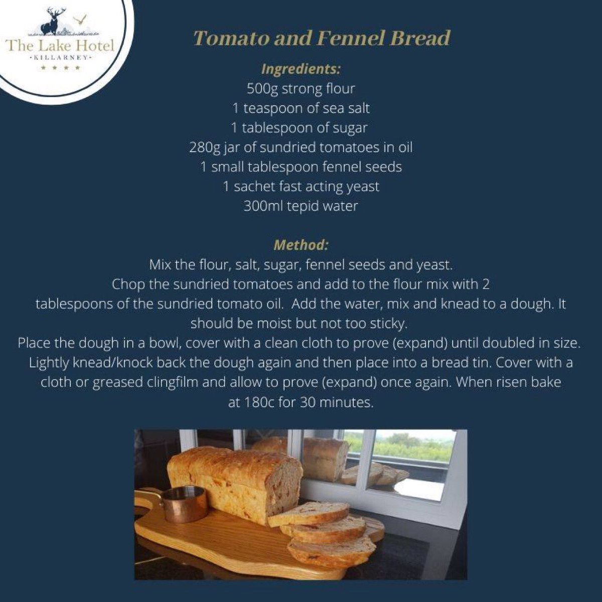 LakeHotel's tweet photo. This tomato and fennel bread is easy to prepare and simply delicious. We hope you like it. #weeklyrecipes #recipesbynoel #lakehotelrecipes #lakehotelkillarney @n_enright https://t.co/MCSKabjpY3