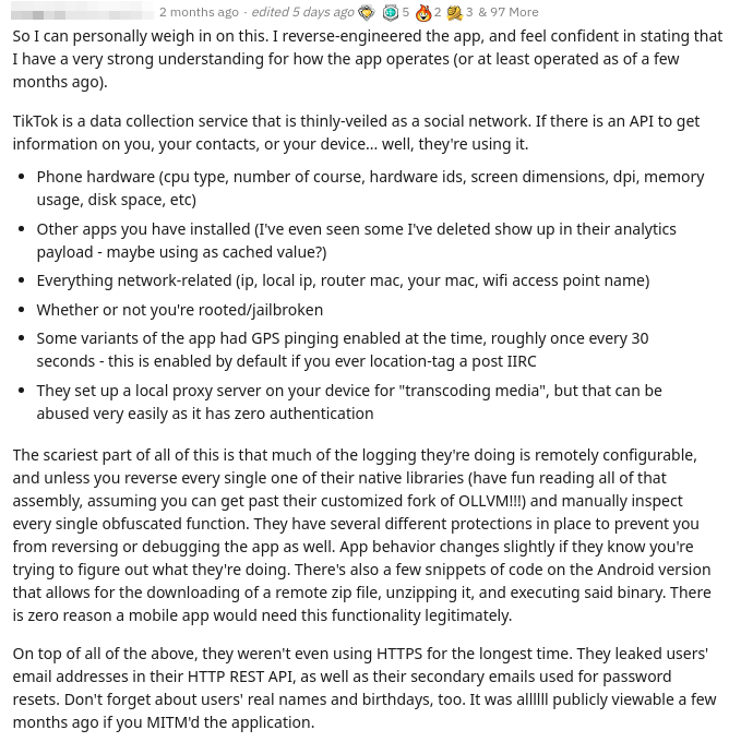 RebeccaRambar's tweet photo. Infosec : Un utilisateur de Redit dit avoir fait le reverse-engineering de Tik-Tok et la quantité de données collectées par l'application est assez impressionnante... https://t.co/PHhbc0fcmW