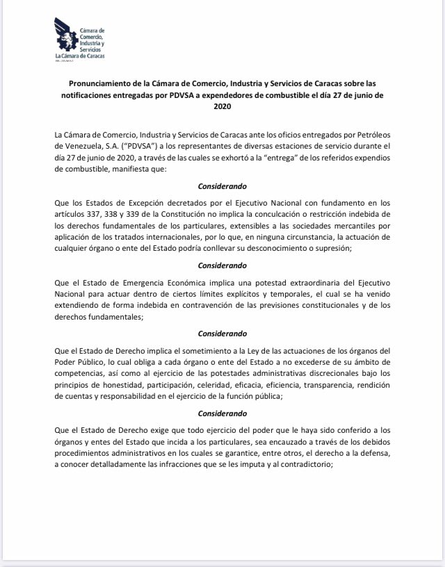 Excelente comunicado de la @CamaradeCaracas exigiendo al gobierno el respecto a la Constitución y las leyes cuando estas son violadas. Cumpliendo su rol de defender la propiedad privada y la libre iniciativa. https://t.co/2RLQnbi2dD