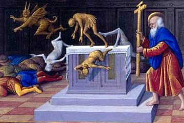 The Apostle, St. Philip breaking idols. Phillip cast the Devil, in the form of a hideous dragon, out of a statue of Mars. Philip told the crowd that if they broke the statue and adored the Lord's Cross, the sick would be cured and the dead would be brought back to life.