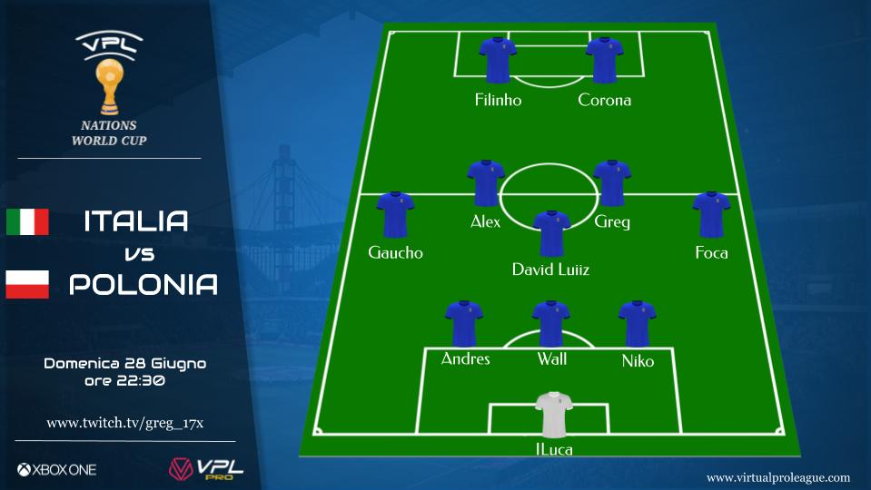 [#XBOX] INIZIA IL MONDIALE 2020!

🇮🇹ITALIA VS POLONIA🇵🇱

⏰22.30

📺twitch.tv/greg_17x

FORZA AZZURRI!