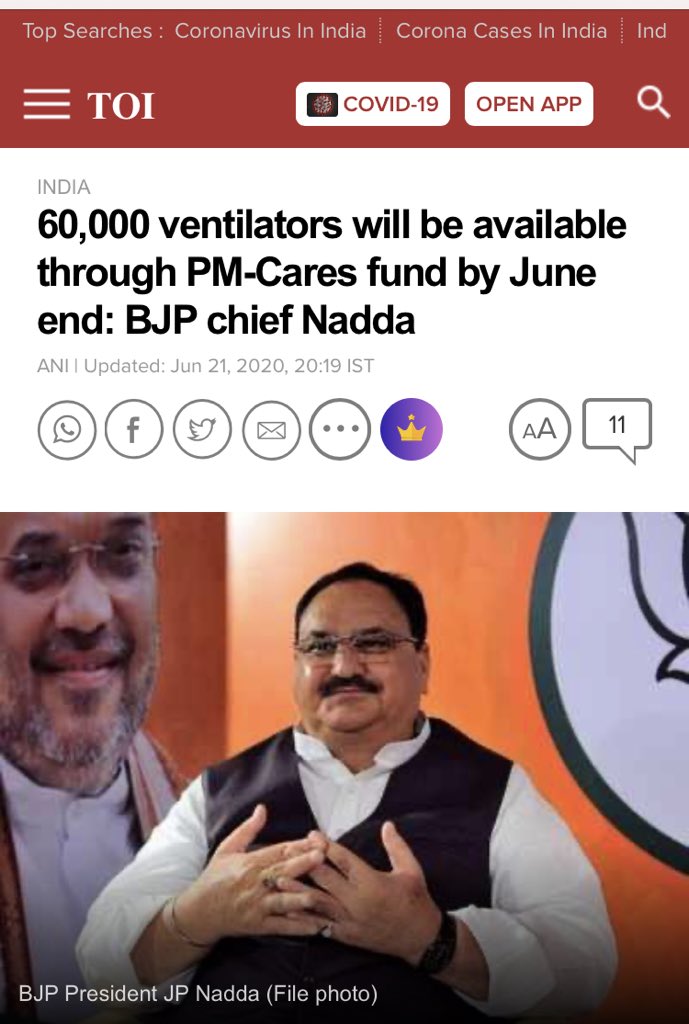 Saket Gokhale MP (@saketgokhale) on Twitter photo Currently, 1340 ventilators have been distributed to states by PM CARES.
By June end, <a href="/JPNadda/">Jagat Prakash Nadda</a> has claimed that 60,000 will be delivered. ThatтАЩs in less than 48 hrs.
LetтАЩs see if the media has the guts to question him about the remaining 58,660 PM CARES ventilators on Tuesday. Currently, 1340 ventilators have been distributed to states by PM CARES.
By June end, <a href="/JPNadda/">Jagat Prakash Nadda</a> has claimed that 60,000 will be delivered. ThatтАЩs in less than 48 hrs.
LetтАЩs see if the media has the guts to question him about the remaining 58,660 PM CARES ventilators on Tuesday.