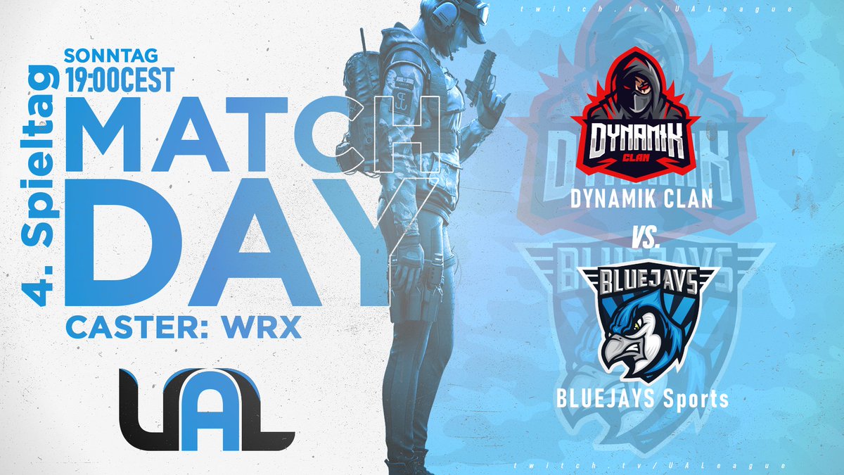 Heute gibt es wieder ein spannendes Match, der Tabellenführer gegen den derzeitigen 4. Platz! In einer Viertelstunde geht es los.
<a href="/DynamikClanGG/">Dynamik Clan</a> vs. <a href="/BLUEJAYS_Sports/">BLUEJAYS</a> 

⏰: 19:00
📺: twitch.tv/UALeague
🎤: <a href="/WolfRefleXxx/">Delta Sierra Hotel</a>