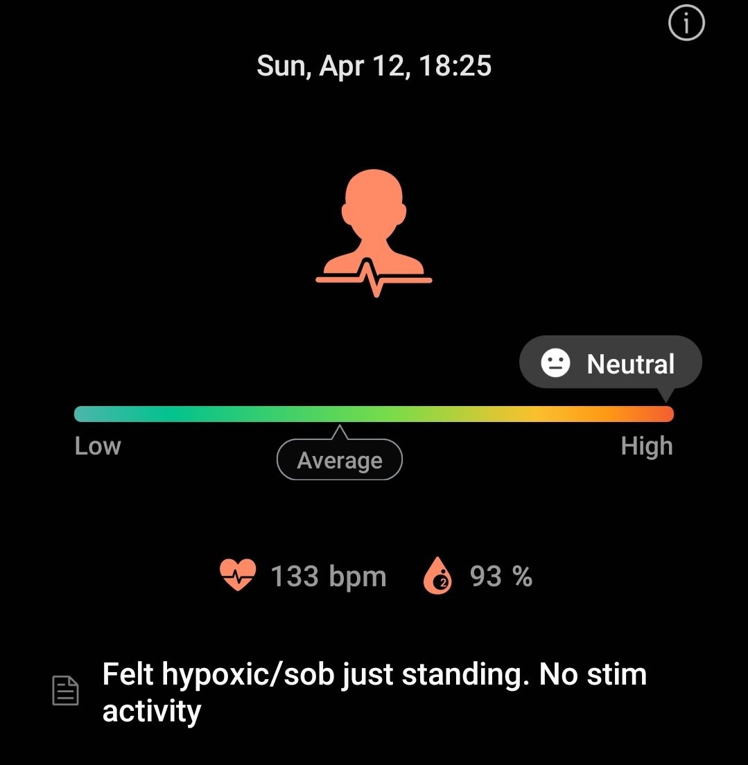 Run_Fox_Run's tweet photo. Before my early April #COVID19 infection my resting HR was in the 60-70s (I have an arrhythmia) w/98-100% SpO2 & a SBP of 100-110mmHg average.
Now? Post-infection SPB is anywhere between 120-140s and 👇🏼
(note the dates - today's 96% is a "good" day 😔) https://t.co/1irFFuqAqo
