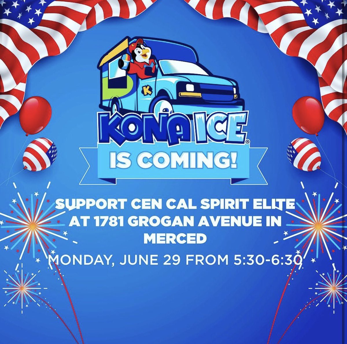 cencalspirit's tweet photo. Our first Kona Ice fundraiser of the summer is TOMORROW from 5:30-6:30!! Come support our athletes in our 7th season and beat the heat! #snowcone #season7 https://t.co/B0D0oJCbLu