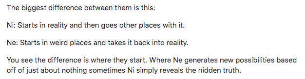 Ni is making conclusions and theories based on inner insight and Ne is making conclusions and theories based on outer insight.Ni is how can we FOCUS.Ne is how can we EXPAND.
