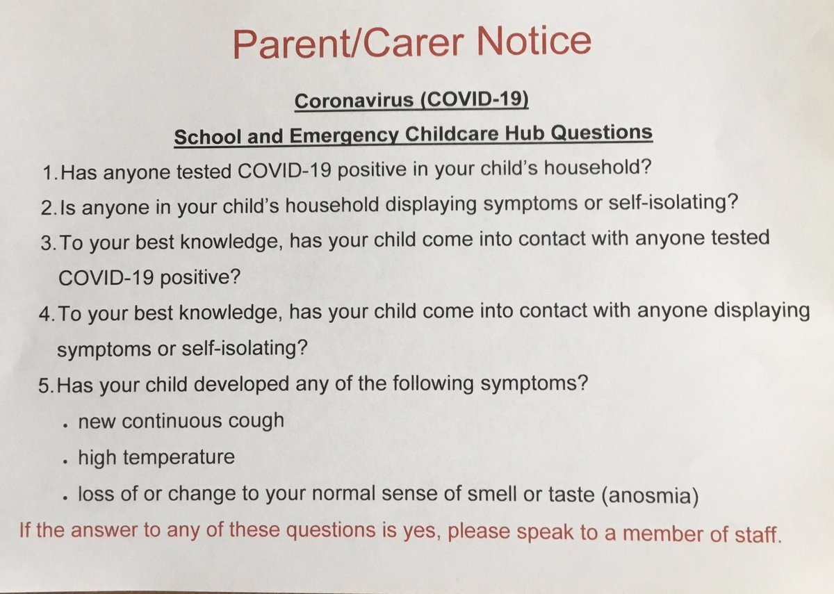 These are the questions we will be asking the parent / carer bringing in children to the Emergency Hub or the Check in, catch up and prepare sessions. We will be encouraging good hand hygiene and social distancing throughout the day. Please share with other Bryncethin families.