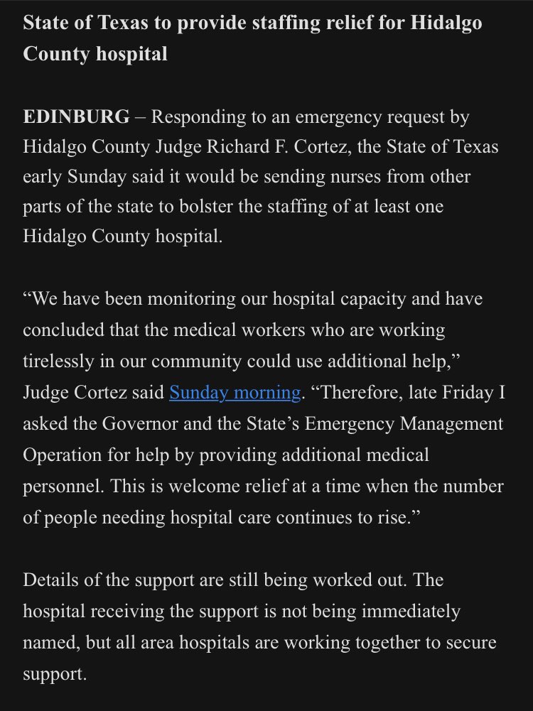 Berenice__G's tweet image. Nurses from other parts of the state will be sent to a hospital here in Hidalgo County to respond to the rise in hospitalizations due to COVID-19. 

The hospital that will receive those additional nurses has not been named. #rgv