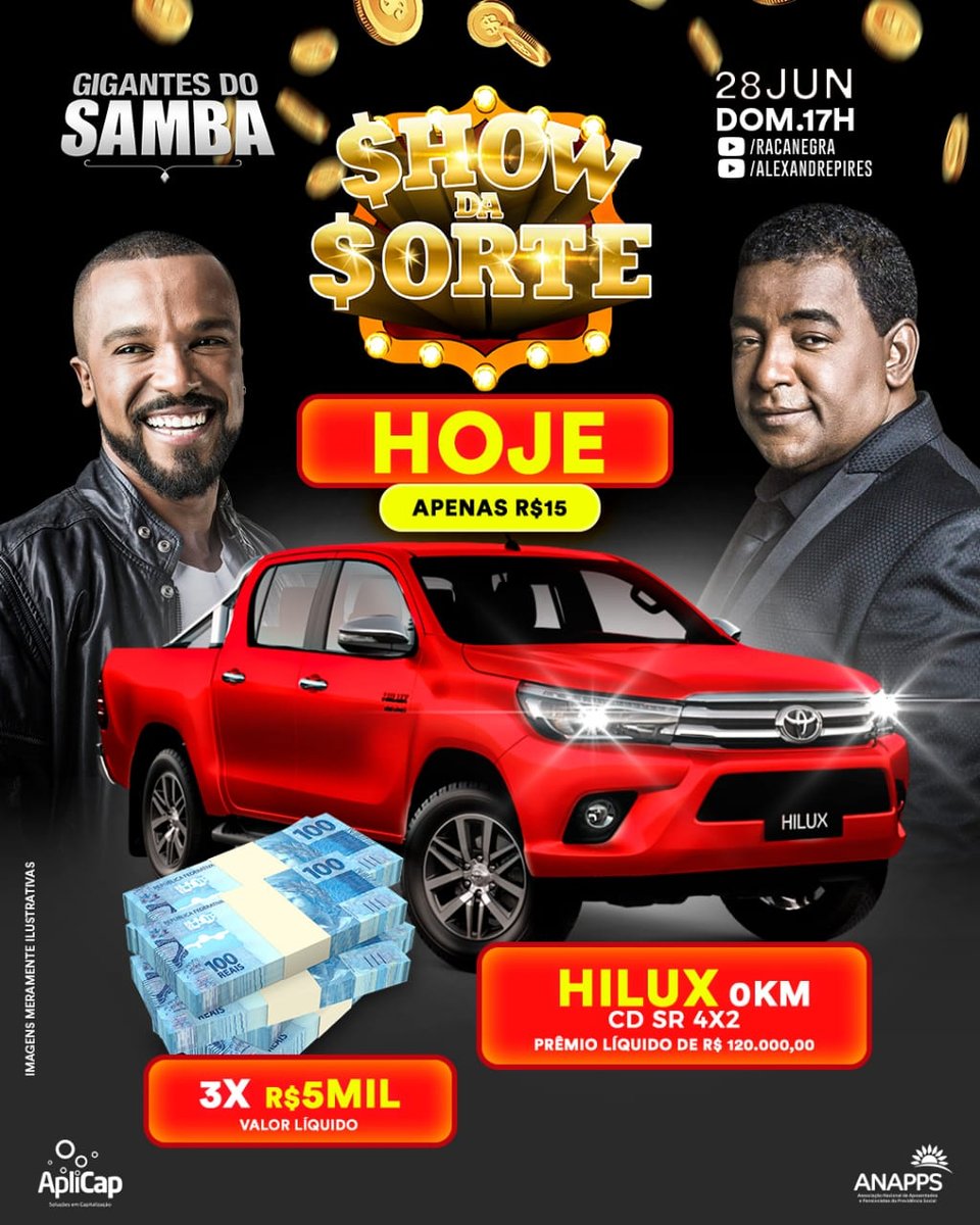 DAQUI A POUCO TEM SHOW DA SORTE NA #LiveGigantesDoSamba! Quem será o ganhador da Hilux e dos R$5 mil? 🚗💰 Acesse agora showdasorte.com e compre o seu certificado por R$15,00! O sorteio acontece a partir das 17h! 🍀 #ShowdaSorte #Premio #Sorteio #CarroZero