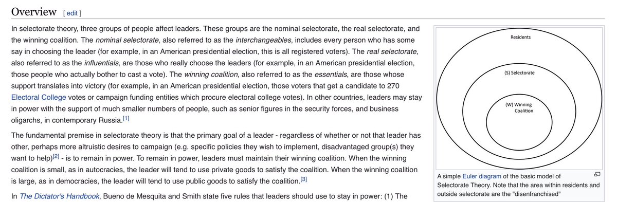 In that theory you compare democracies and dictatorships in terms of 3 groups: nominal selectorate, real selectorate, winning coalition. Aka interchangeables, influentials, essentials.In my economic theory: passive investors, investor-2s, investor-1s.