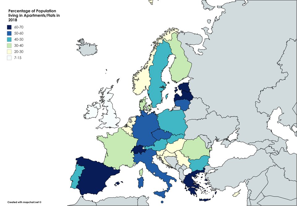 simongerman600's tweet photo. Map shows the share of the population across Europe that lives in apartments (2018). Source: https://t.co/aX1RUdzOdB https://t.co/TSDIgkwrgz