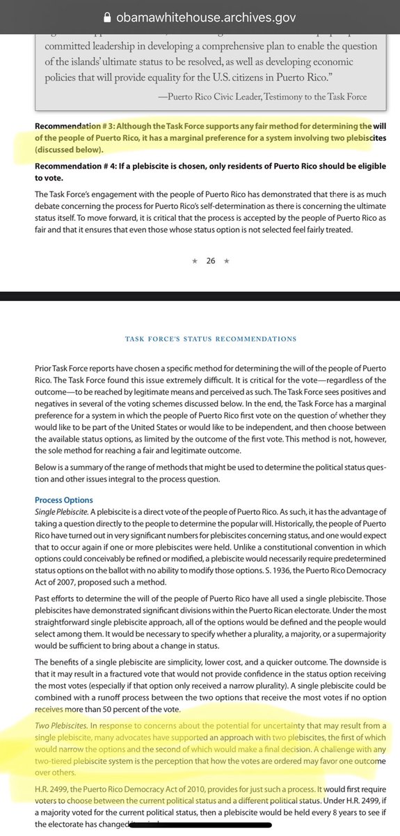 Now back to HR 2499... In March 2011, just months after the 2010 midterm election, the Obama Administration published a report by the President’s Task Force on Puerto Rico’s status. In the report, the TF asserted its preference for the two-prong question laid out in HR 2499.
