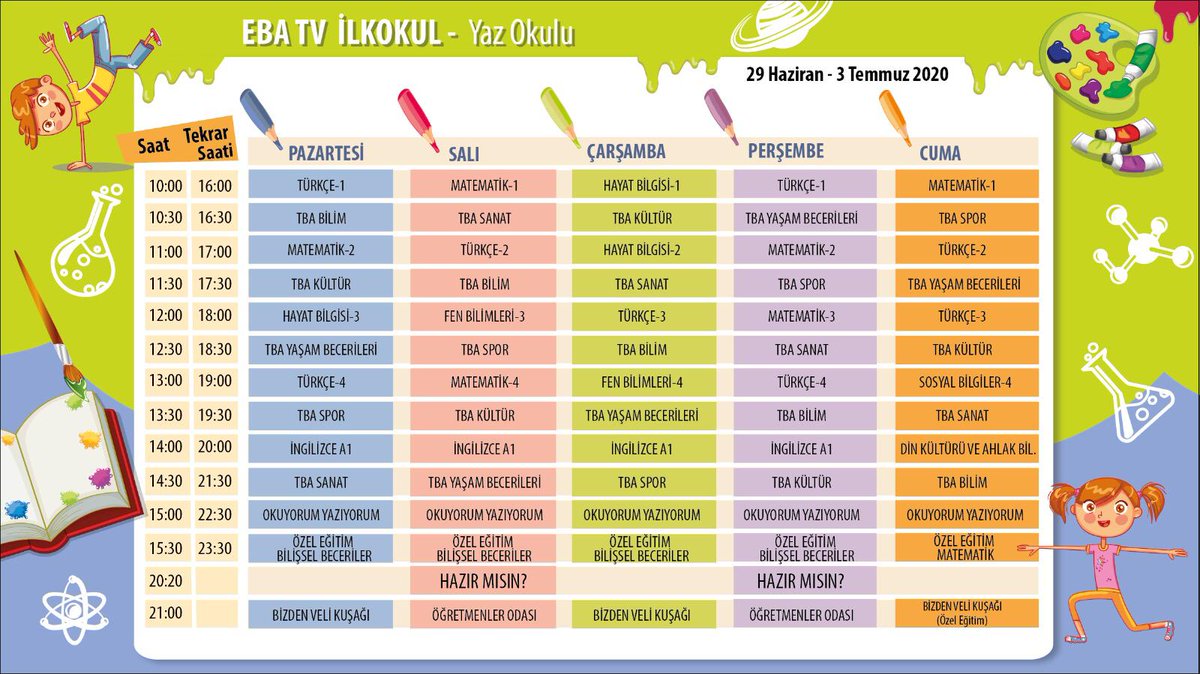 MersinMEM's tweet photo. 📺 TRT EBA TV’de 🎉🎉
YAZ OKULU BAŞLIYOR

▶️ İlk Haftanın Yayın Akışı  

 🗓 29 Haziran - 03 Temmuz 2020 

@tcmeb @safran1958  #Mersin https://t.co/hbWu7qrtMd