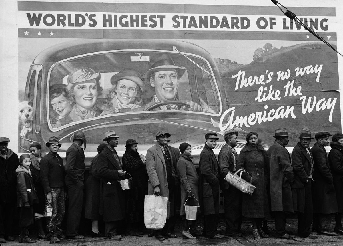 The Art of Album Covers .African American flood victims line up to get food and clothing from a Red Cross relief station after the Louisville floods in 1937.Photo Margaret Bourke-White.Used by Curtis Mayfield on his 1975 release, There& #39;s No Place Like America Today.