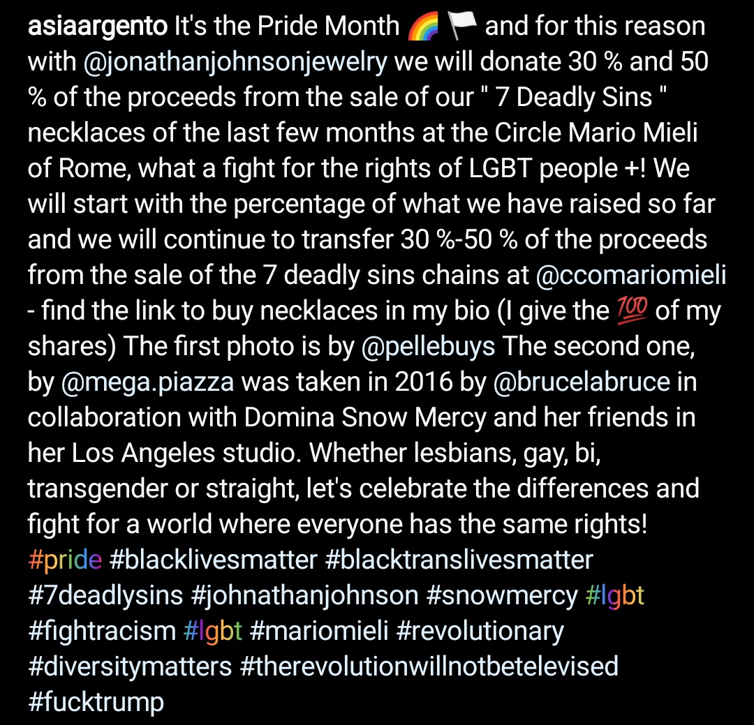 Asia Argento remembered it was #PrideMonth #PrideItalia on the second to last day! Just in time to try to sell her terrible jewellery. Don't worry, she again claims to be donating some of the money, probably to her own wallet. 😜🤪 Show donation receipts or don't bother, Asia.