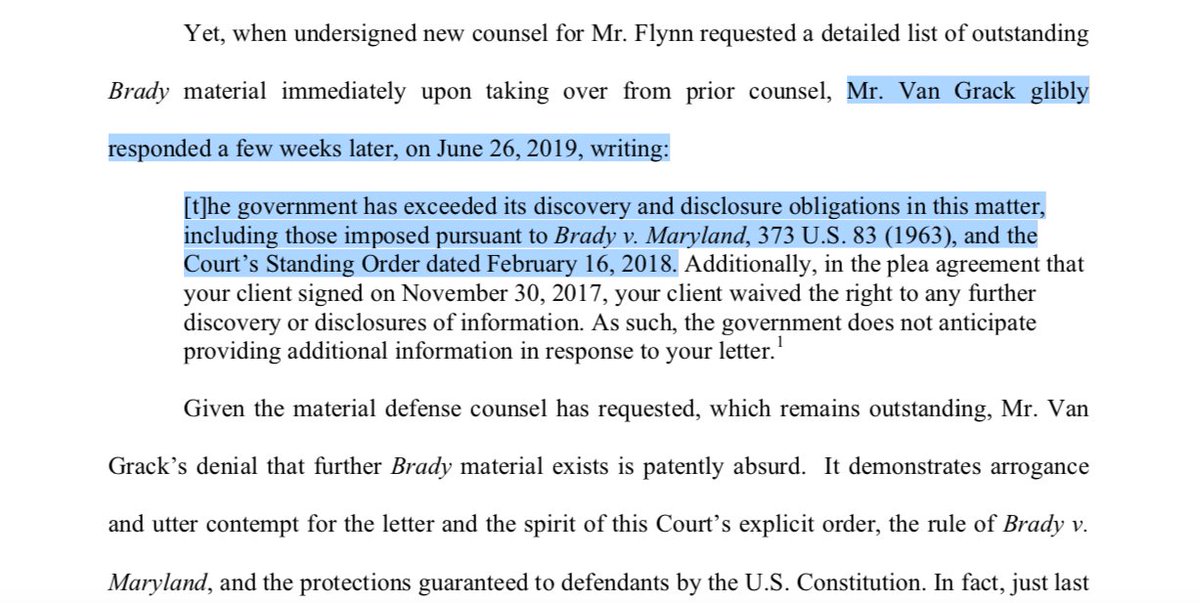AG Barr forwarded Sidney’s letter to lead prosecutor Brandon Van Grack, who replied that there was no further Brady material outstanding (quoted at ECF No. 111, attached). Van Grack publicly filed the majority of Sidney’s letter on Oct. 1, 2019. ECF No. 122-2.