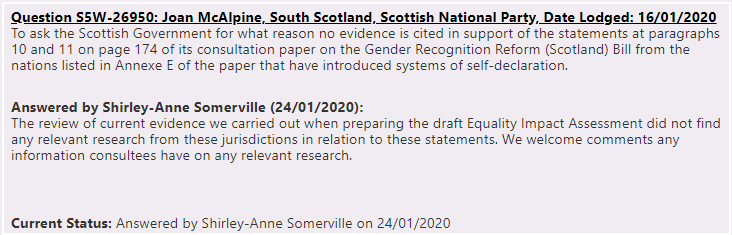 Here is the question asked by Joan She is asking why no evidence was cited in the consultation paper in support of the following statements (next tweet)here is a link to the question an answer pictured:  https://www.parliament.scot/parliamentarybusiness/28877.aspx?SearchType=Advance&ReferenceNumbers=S5W-26950&ResultsPerPage=10