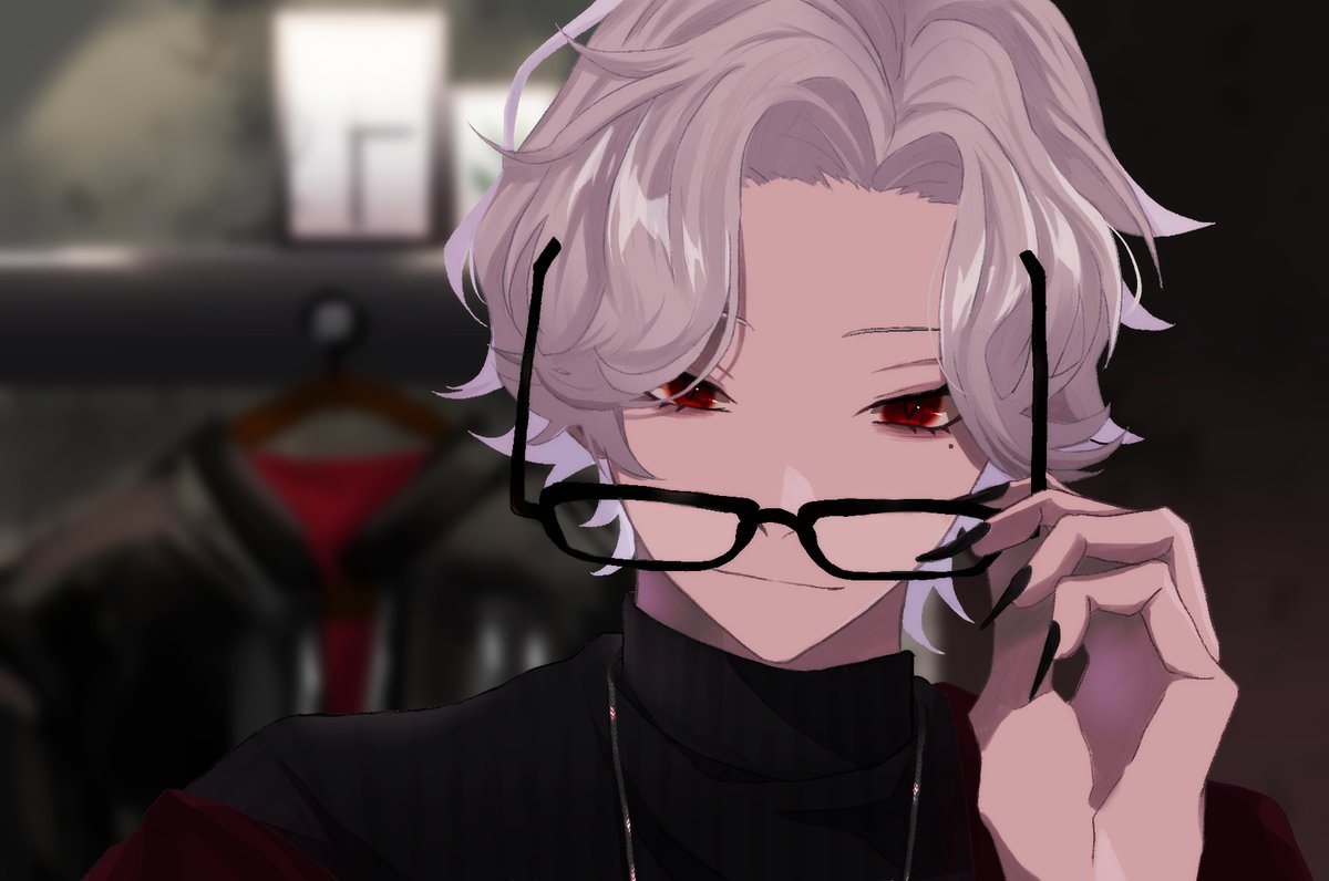 black sweater red eyes 1boy glasses male focus solo black nails  illustration images