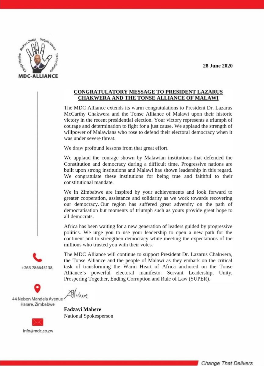 CCCZimbabwe's tweet photo. MDC Alliance Congratulatory Message to @LAZARUSCHAKWERA &amp; the Tonse Alliance of Malawi: https://t.co/Zk6PQUHOWf