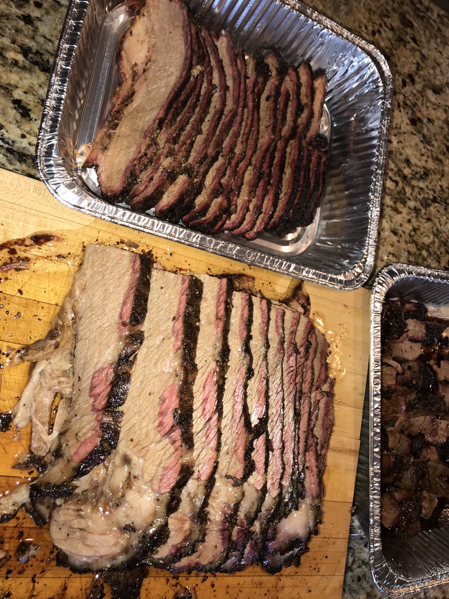 The flat, the point, and some burnt ends!  Was 15+ lbs when I started smoking 20 hours ago, probably 8-10 lbs now.  @costco  @GradedPrime. @TexasBrisket