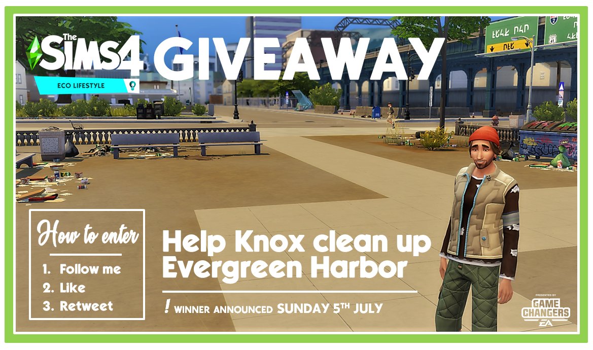Laireen35's tweet image. GIVEAWAY TIME! Hey fellow Simmers! Wanna help Knox clean up Evergreen Harbor? Here's your chance!
The #EAGamechanger program &amp;amp; @SimGuruFrost has given me a copy of the #EcoLifestyle pack for a giveaway. 
Entries accepted until Sat 4th July 6pm CET. Winner announced on Sunday 5th!