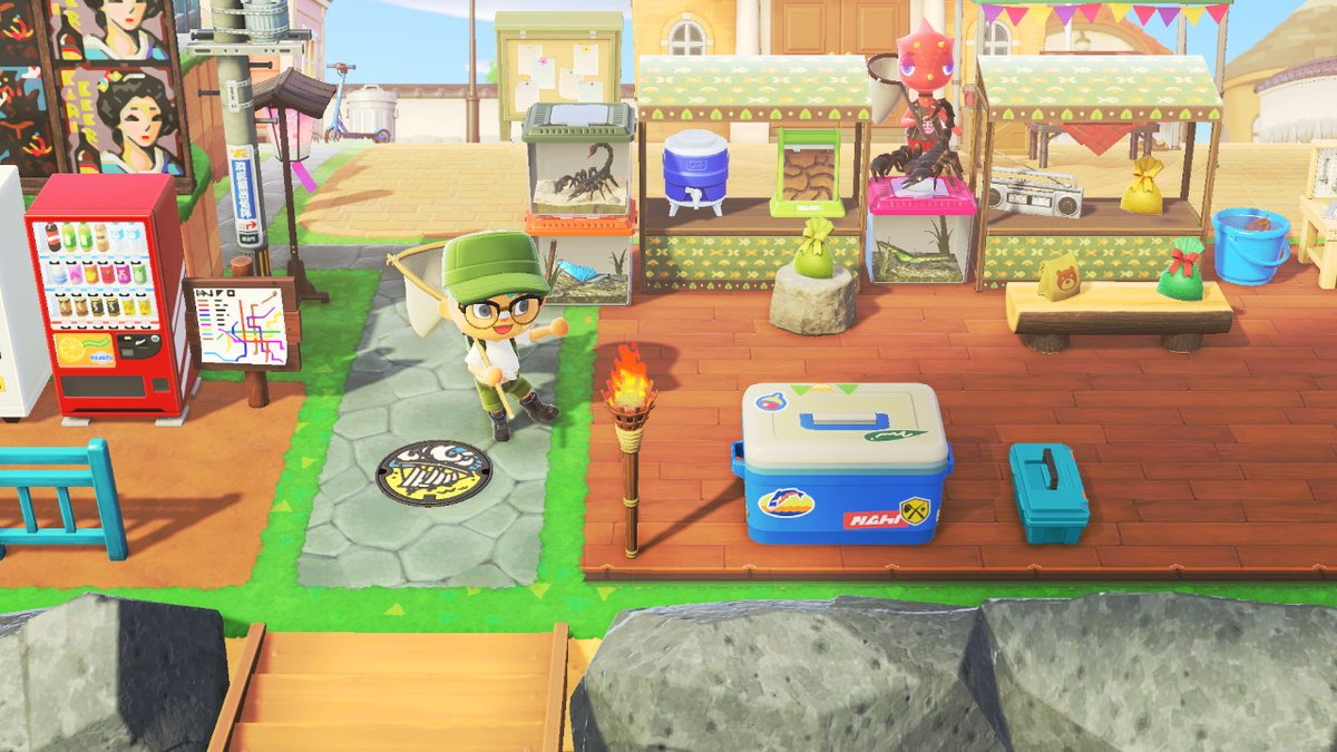 AC_PrinceSkye's tweet photo. set up an event area for friends to relax between 
catching bugs! along wit goodie bags for coming #AnimalCrossing #ACNH #NintendoSwitch https://t.co/dflWkS23Qd