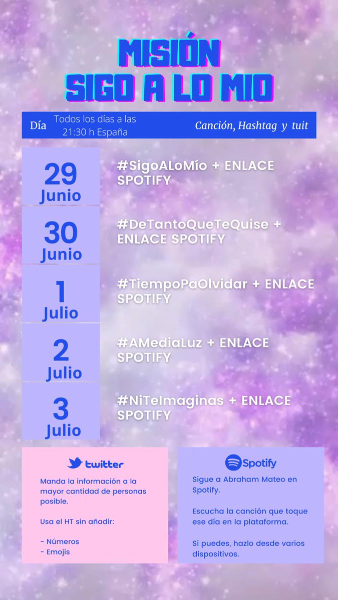 AbrahamMateoBol's tweet photo. MISION.                               
 💥🥊SIGO A LO MÍO💥🥊

- A partir de mañana lunes 15:30 hora BOLIVIA 🇧🇴
-Lee los cárteles  👇
- Difunde dando RT
Cartel 1: Día y canción
Cartel 2: Recomendaciones y uso de Spotify (Gratuito y Premium) https://t.co/Kcme495iCl