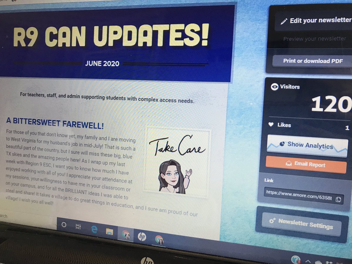 StarshaCanaday's tweet photo. Just sent my final @SmoreNewsletter update as an education specialist @Region9ESC!  So bittersweet!  Best job EVER! P.S. Smore works! 120 views just a few minutes after it was sent on a SUNDAY! Yay Smore! Yay readers! THANK YOU!🙌🏻 #digital #newsletter https://t.co/zRIoPq3BKG
