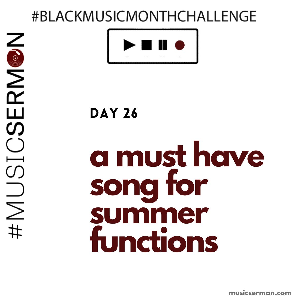 We're coming into the last few days of the  #BlackMusicMonthChallenge!! As most of us have accepted that the WHOLE Summer '20 is canceled, I ask you to think back fondly on "outside" days, and, for Day 26, share a must have song for summer functions.
