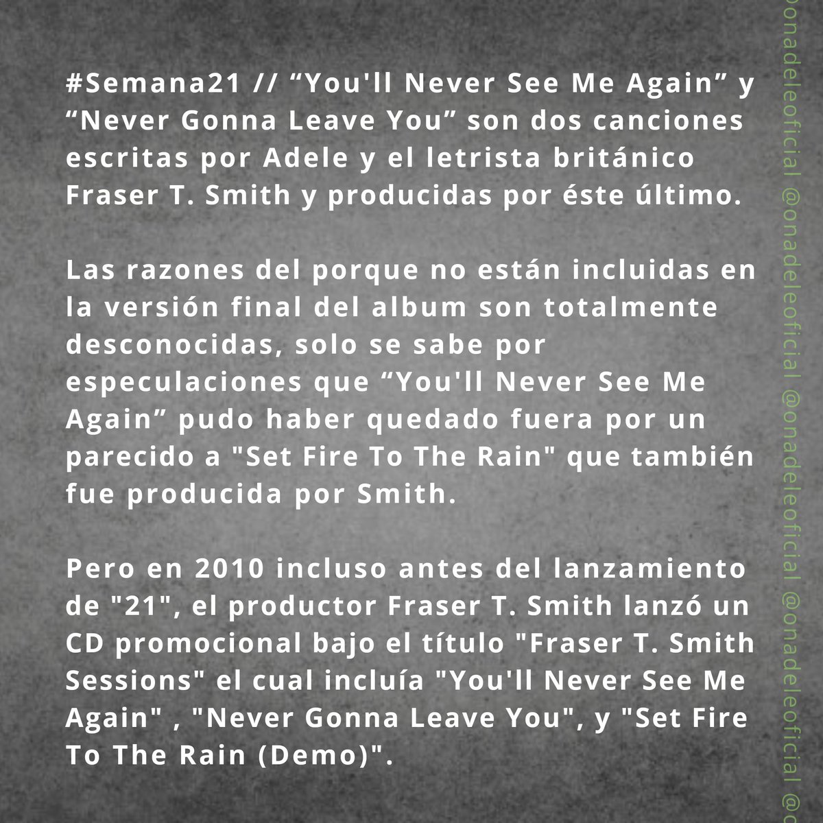 onadeleoficial's tweet photo. #Semana21 // Cuales hayan sido los motivos no dejan de ser 2 canciones maravillosas!
Escucha ahora #YoullNeverSeeMeAgain: https://t.co/kxxtP3k9lA
#NeverGonnaLeaveYou: https://t.co/feXrGaWAEL
#TeamOnAdele https://t.co/wZUufSc1uc