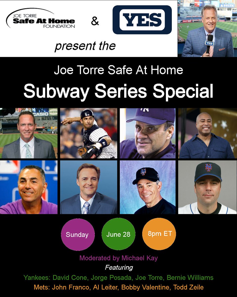 Missing #baseball? Time to tune into @YESNetwork for a Subway Series Special featuring John Franco, @AlLeiter22 @JORGEPOSADA_20 @JoeTorre @BobbyValentine @Todd_Zeile @dcone36 @bw51official @RealMichaelKay.  Thanks to presenting sponsors @FCTC10 @SOMPatriots @ClintonHonda