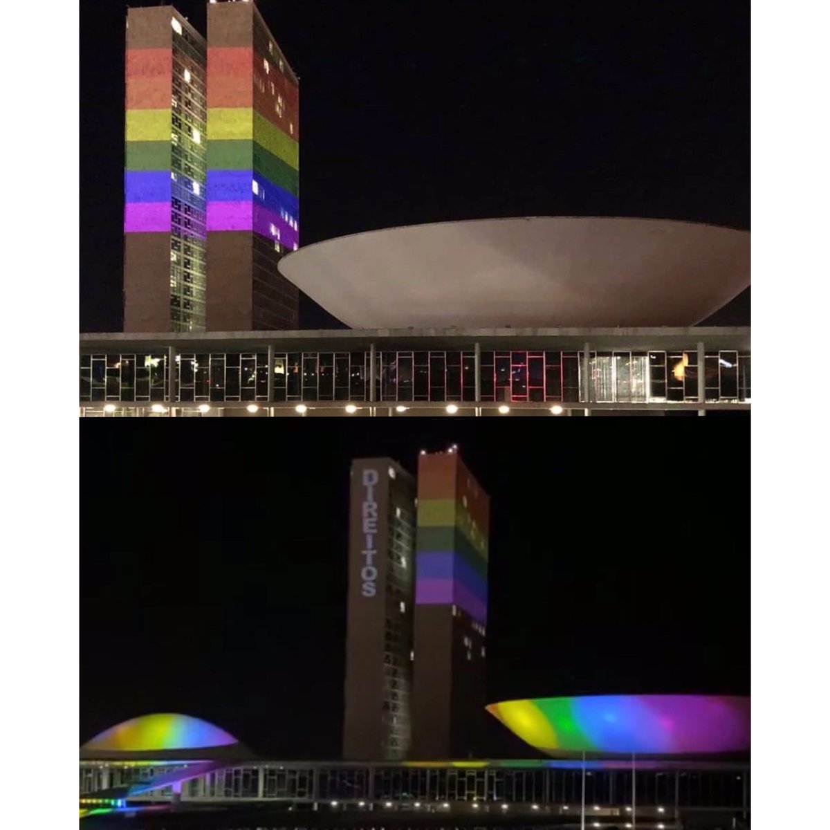 HugoGloss's tweet photo. Hoje (28), no Dia do Orgulho LGBTQIA+, o Congresso Nacional, em Brasília, surgiu pela primeira vez, iluminado com as cores do arco-íris. Também foram projetadas algumas palavras, como “orgulho”, “diversidade”, “direitos”... https://t.co/J56FdXjNrW (Fotos: Brasília Orgulho) https://t.co/HJzuG8N6y7