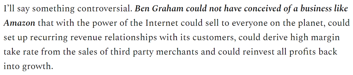 One part of the 3rd post I disagree with is that Ben Graham could have concieved of a business like AMZN because he owned one, GEICO. GEICO had the ability to sell to many with low capital costs.