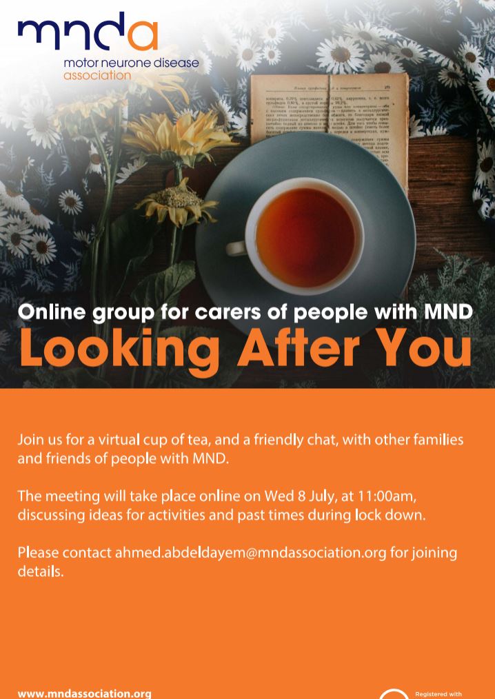 MNDsouthlondon's tweet photo. As part of its Commitment to Carers @mndassoc is piloting a virtual meet up group for carers of those with #MND in London. 

The first session will be on Wednesday 8th July at 11am.

More details can be found in the poster below.
💻☕️ https://t.co/uOeYtrecXS