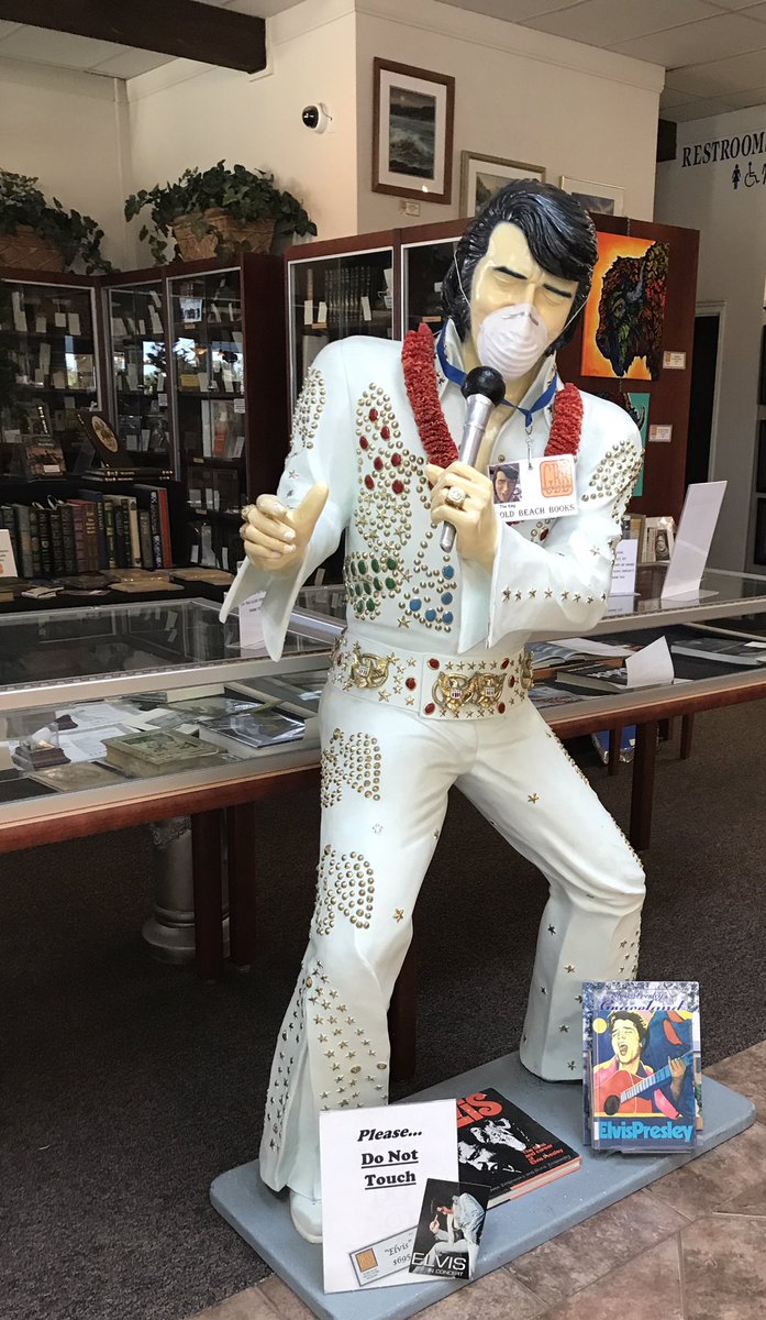 GoldBeachBooks's tweet photo. We’ve scrubbed and cleaned and have all precautions in place. Gold Beach Books is ready to reopen on July 1st. Elvis is masked and ready for all your photo ops! 📚 https://t.co/1KCPp3M0db