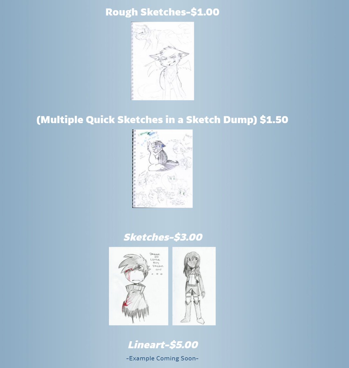 These prices are ridiculous, and they were this low because my self esteem was bad not for accessibility, dont do this ever, that "Rough Sketch" option I had should've been the $15 cap I mentioned earlier.