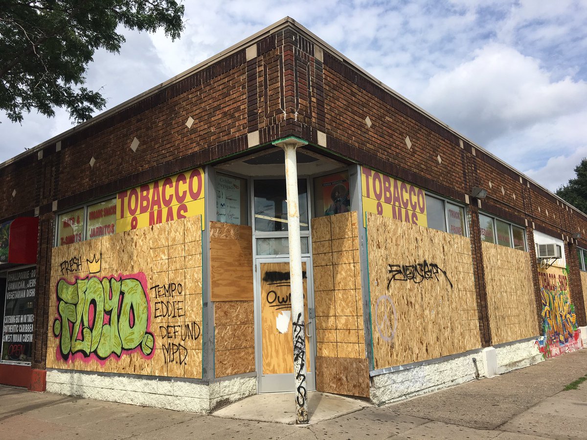 I’m in Minneapolis. First place I stop, most of the block is still boarded up. This grocery and tobacco store is owned by an Iranian, neighbor tells me. “They took everything.” Owner is deliberating whether to permanently close after the riots