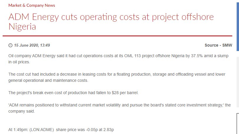  #ADMEBreak even $28Brent Premium estimate $45$17 profit x 546bopd x 365 days= $3.39m Operational Profit Per Annum