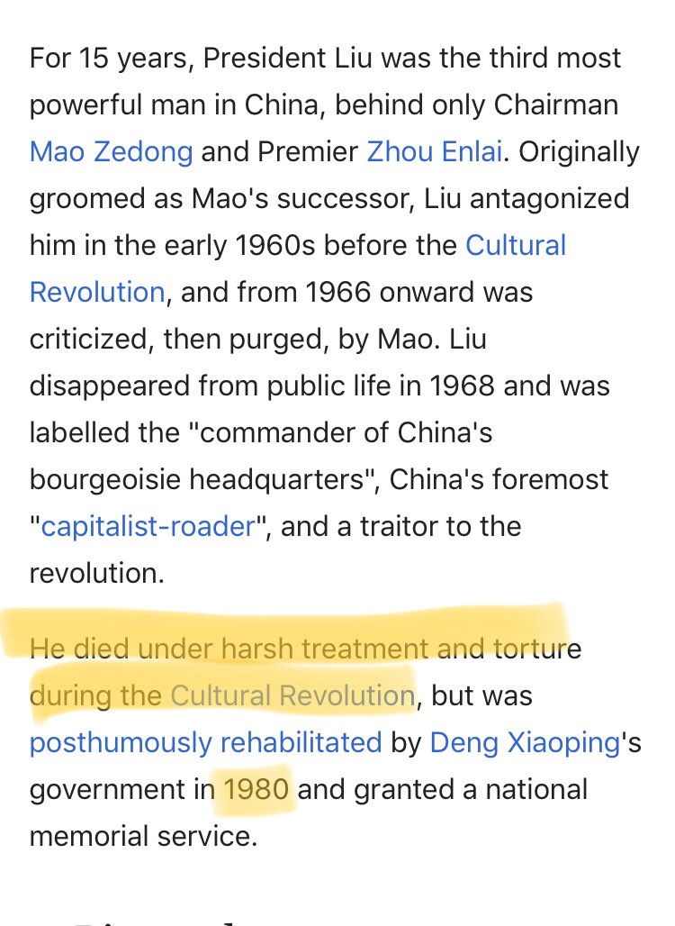 8/ Oh silly me, I left off the bottom part about what happened to Liu after that:He was tortured to deathBut at least he was posthumously “rehabilitated” - not pardoned, REHABILITATED - in 1980 so I’m sure he felt better about that having been dead for over a decade