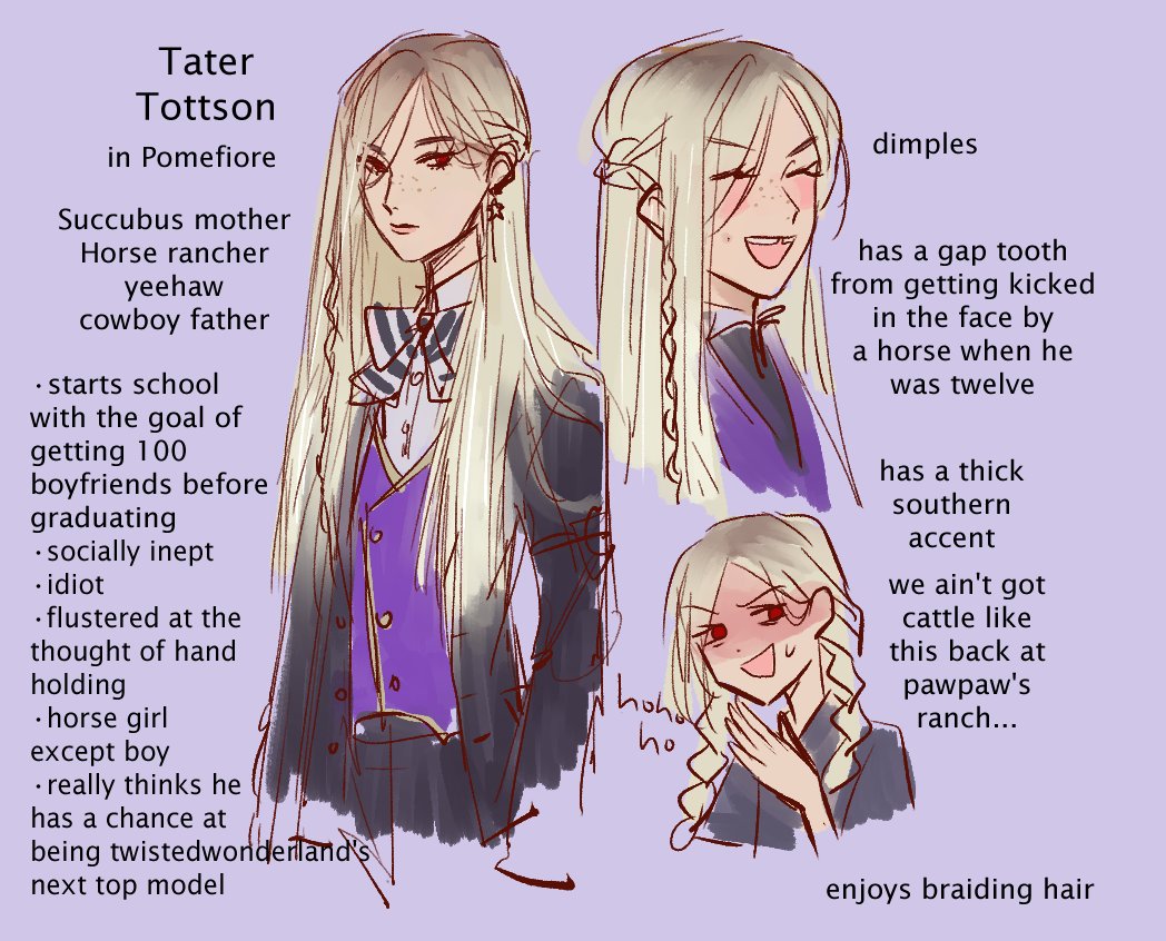 welcome to my twisted mind..................... ..... my twst mc self insert oc and also a student oc i came up with in 12 seconds for fun... tehepepekeke 
(i initially was gonna name tater tot kaitleignn matthews or smthng like that but felt thatd violate his human rights too mu 