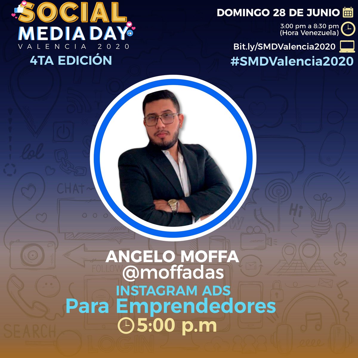 Iniciamos la 3era ponencia del día de hoy con Angelo Moffa, que nos comparte sobre Instagram Ads para emprendedores #SMDValencia2020